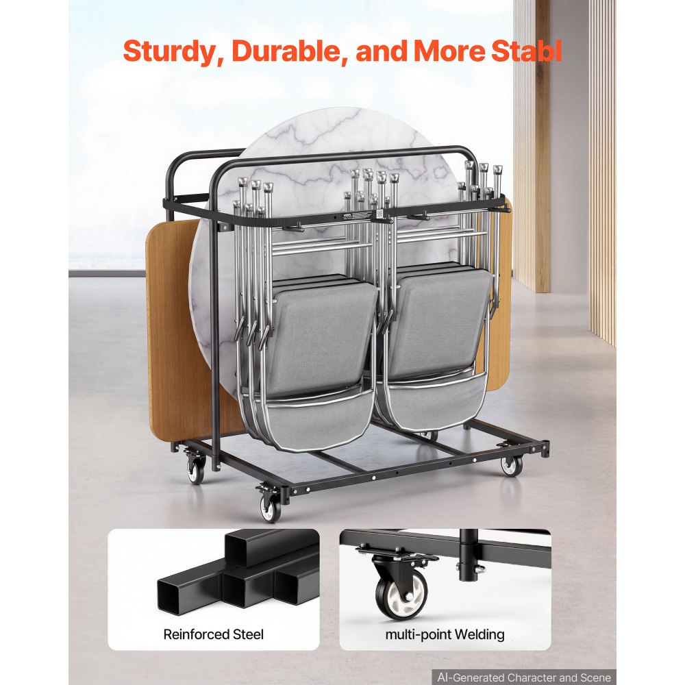 VEVOR Folding Table and Chair Rack Cart 400 lbs Holds 14 Chairs & 5 Tables, for Party Event Hotel Factory, Heavy-Duty Carbon Steel, Easy to Move, Storage Dolly, with Swivel Casters and Locking Wheels