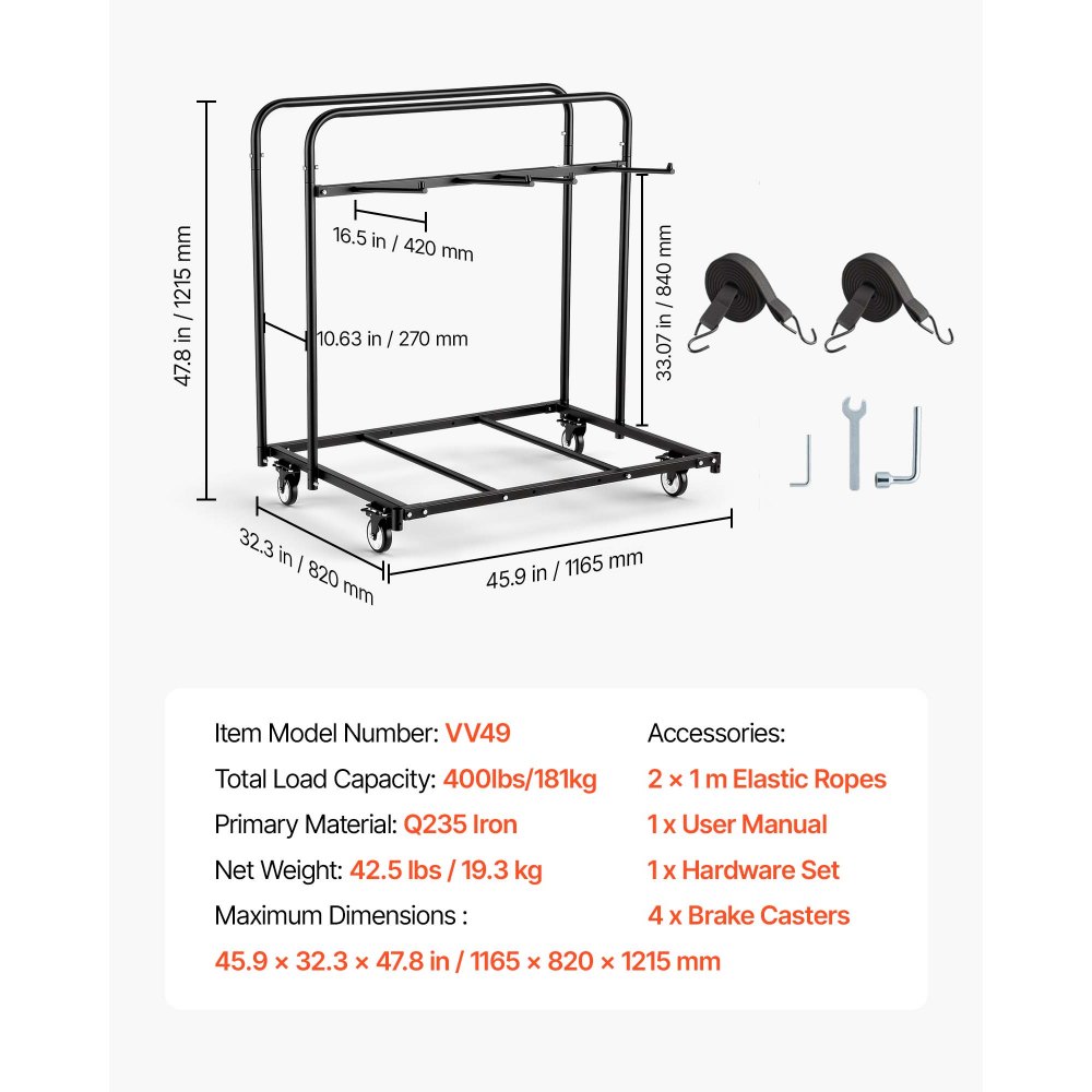 VEVOR Folding Table and Chair Rack Cart 400 lbs Holds 14 Chairs & 5 Tables, for Party Event Hotel Factory, Heavy-Duty Carbon Steel, Easy to Move, Storage Dolly, with Swivel Casters and Locking Wheels
