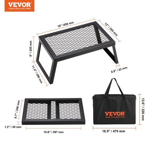 VEVOR Folding Campfire Grill, Heavy Duty Steel Mesh Grate, 18" Portable Camping Grates Over Fire Pit, Camp Fire Cooking Equipment with Legs Carrying Bag, Grilling Rack for Outdoor Open Flame Cooking