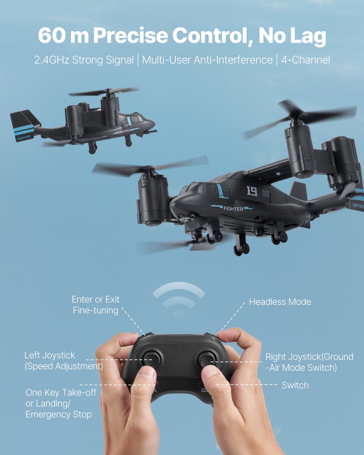 VEVOR RC Helicopter, 2.4GHz Remote Control Helicopter with Gyro, 4-Channel RC Airplane for Beginner, Wing Lights & One-Key Takeoff/Landing, Flying Plane Toys for Kids Ages 8 and up