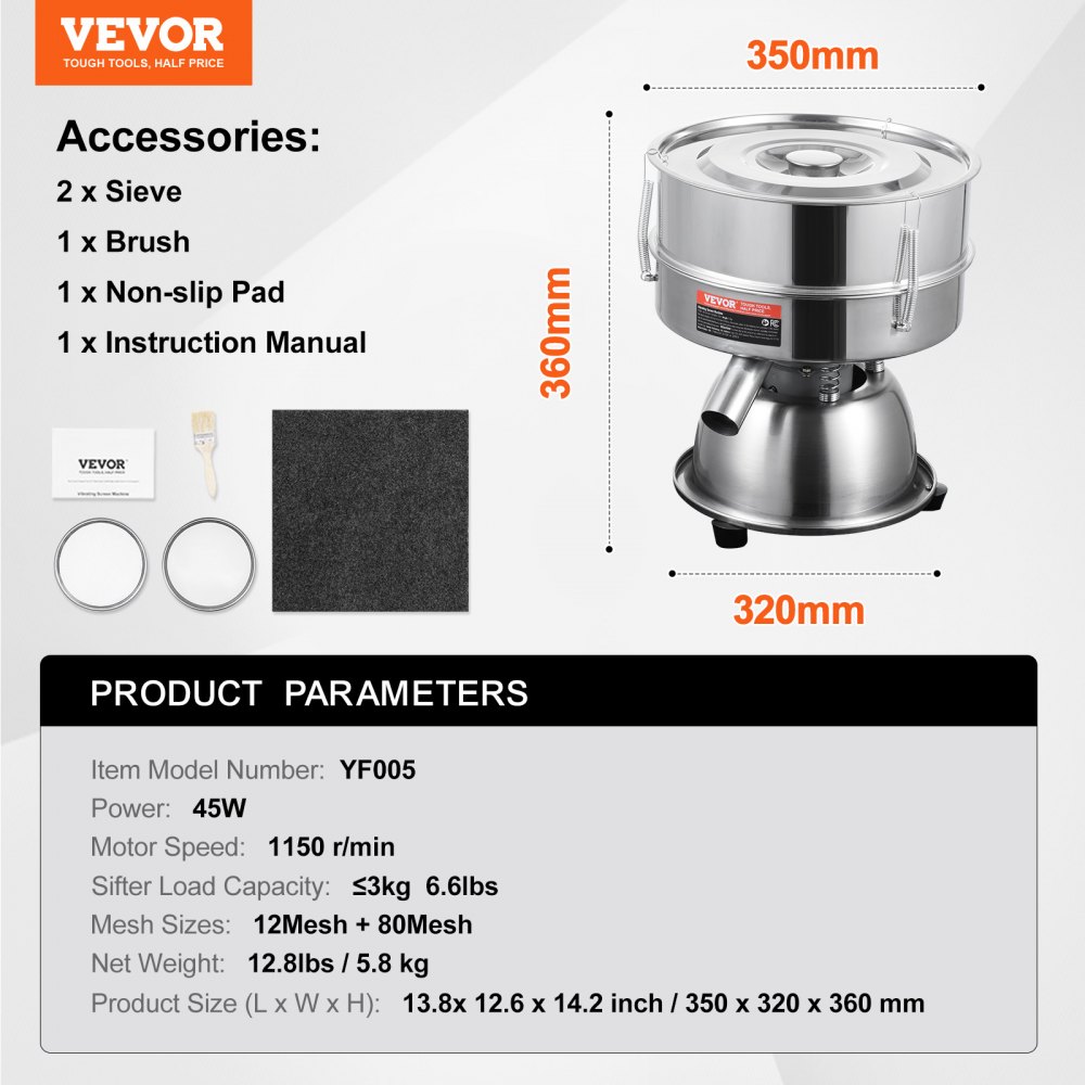 VEVOR Automatic Electric Vibrating Sieve, Stainless Steel Sifter Shaker Machine with 12+80 Mesh, 45W Automatic Powder Sifter Machine Countertop, Electric Sieve Shaker for Flour Powers, Mungbean, Rice