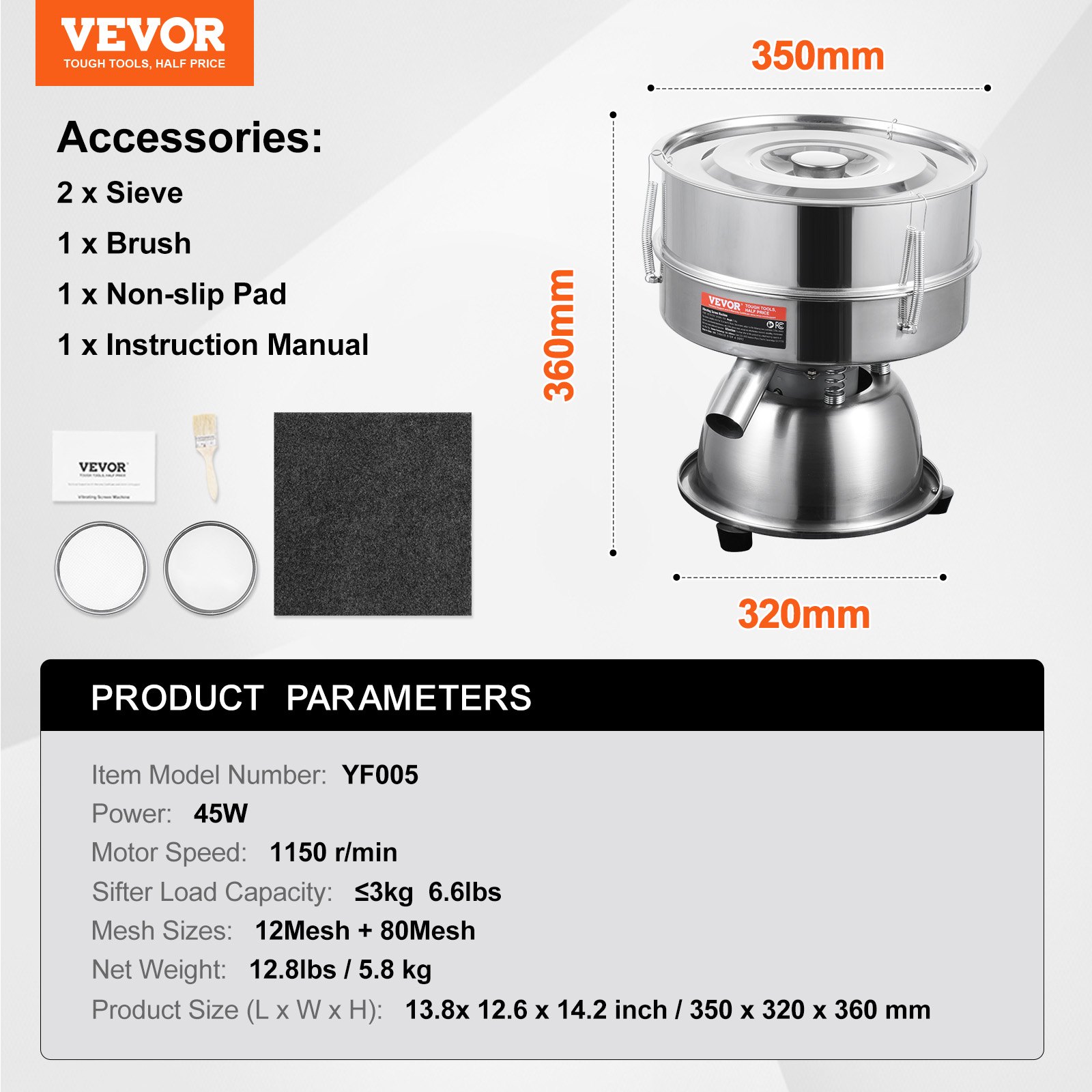 VEVOR Automatic Electric Vibrating Sieve, Stainless Steel Sifter Shaker Machine with 12+80 Mesh, 45W Automatic Powder Sifter Machine Countertop, Electric Sieve Shaker for Flour Powers, Mungbean, Rice