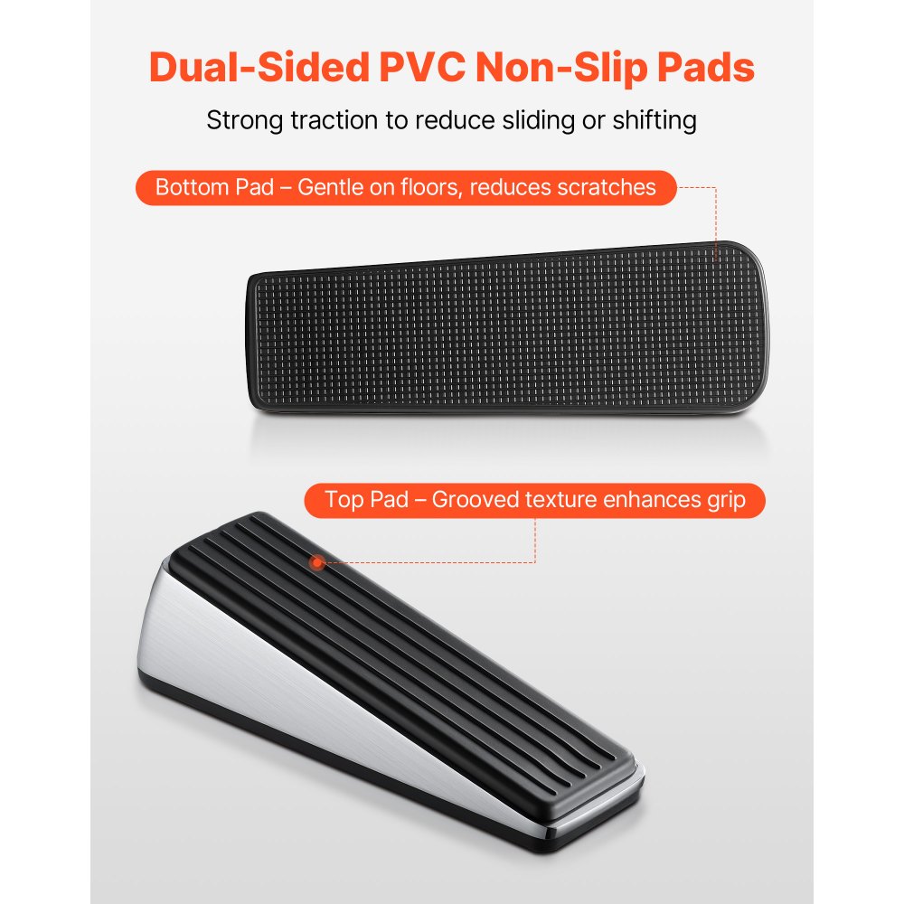 VEVOR Heavy Duty Door Stopper, 2 Pack, Door Stop Wedge for Bottom, Premium Zinc Alloy and Dual-Sided PVC Non-Slip Pads, with 2 Self-Adhesive Wall Protectors, Suitable for Various Types and Rooms