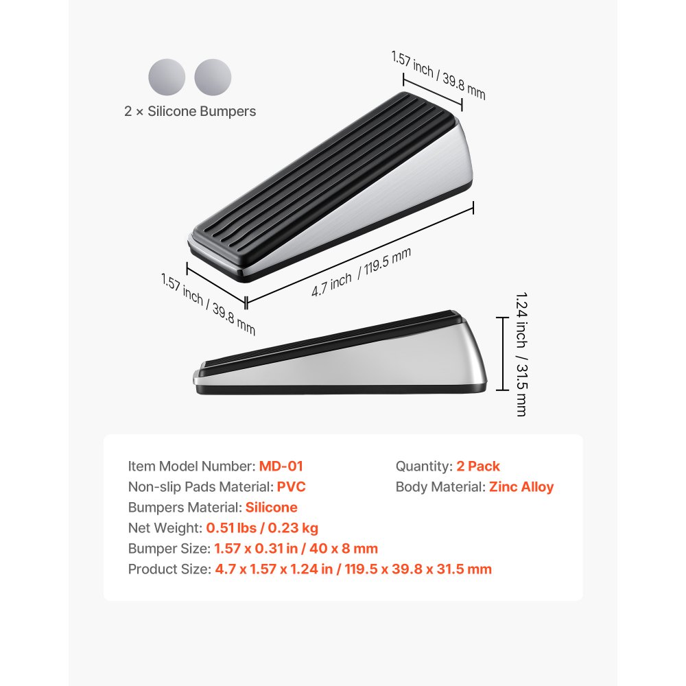 VEVOR Heavy Duty Door Stopper, 2 Pack, Door Stop Wedge for Bottom, Premium Zinc Alloy and Dual-Sided PVC Non-Slip Pads, with 2 Self-Adhesive Wall Protectors, Suitable for Various Types and Rooms