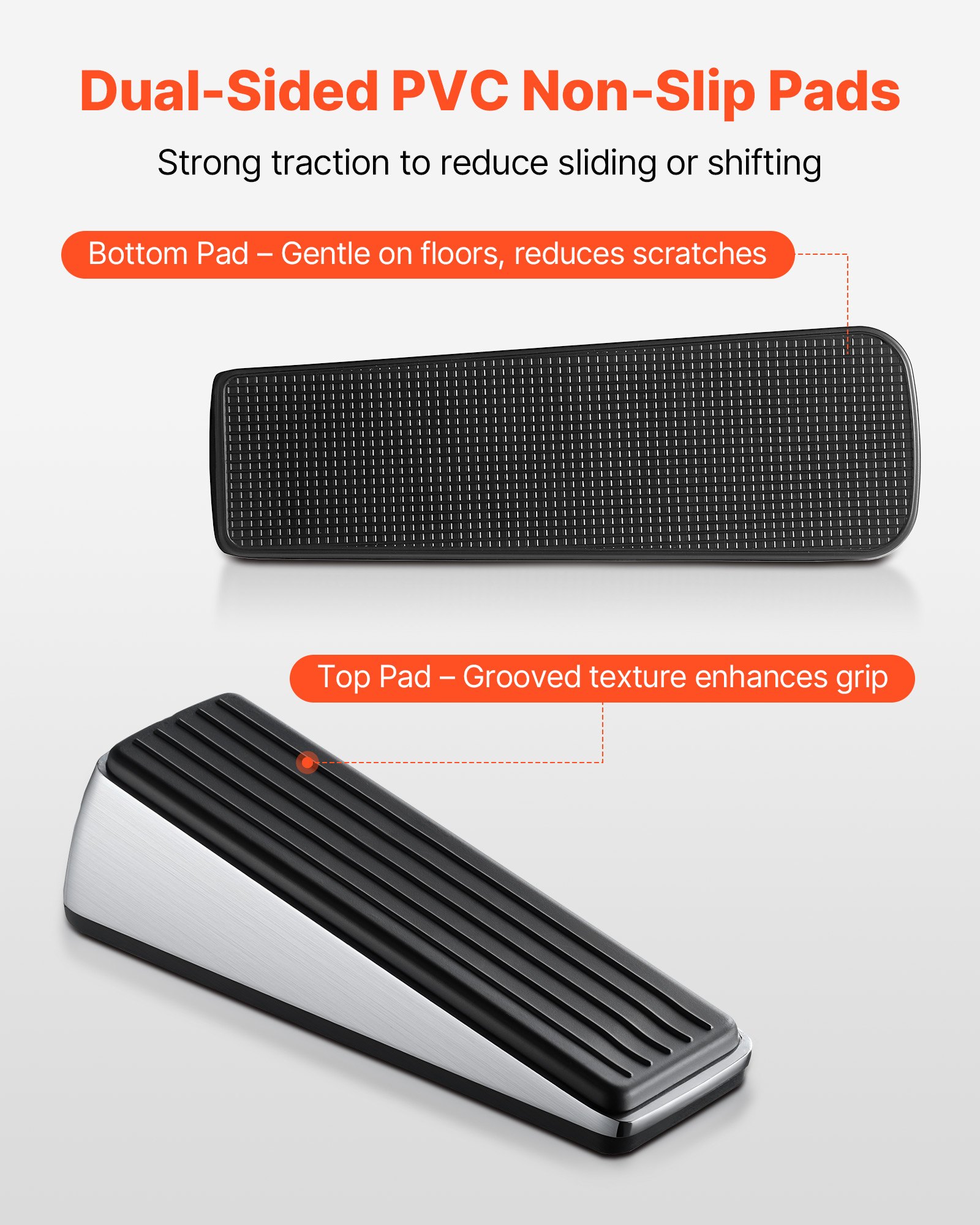 VEVOR Heavy Duty Door Stopper, 2 Pack, Door Stop Wedge for Bottom, Premium Zinc Alloy and Dual-Sided PVC Non-Slip Pads, with 2 Self-Adhesive Wall Protectors, Suitable for Various Types and Rooms