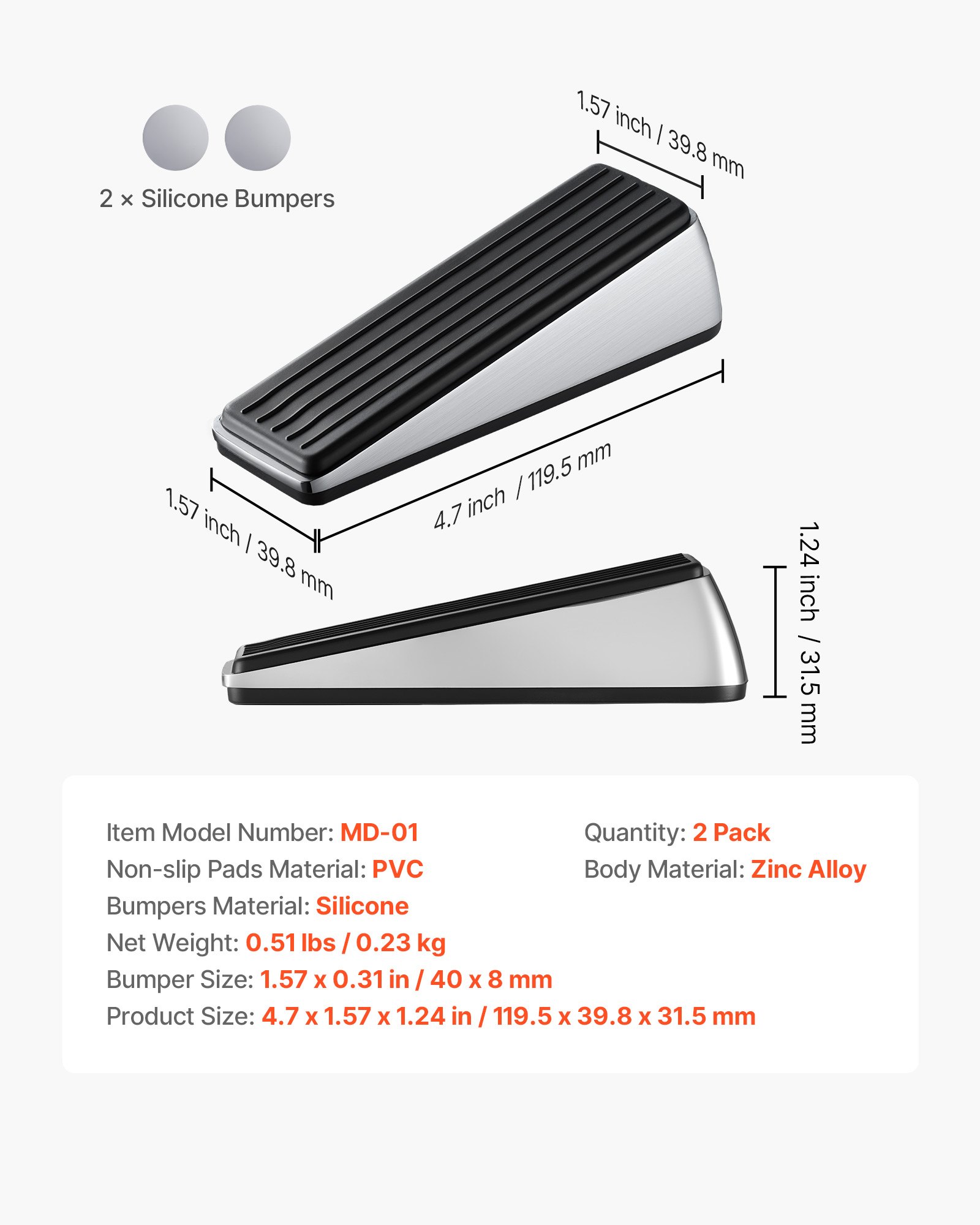 VEVOR Heavy Duty Door Stopper, 2 Pack, Door Stop Wedge for Bottom, Premium Zinc Alloy and Dual-Sided PVC Non-Slip Pads, with 2 Self-Adhesive Wall Protectors, Suitable for Various Types and Rooms