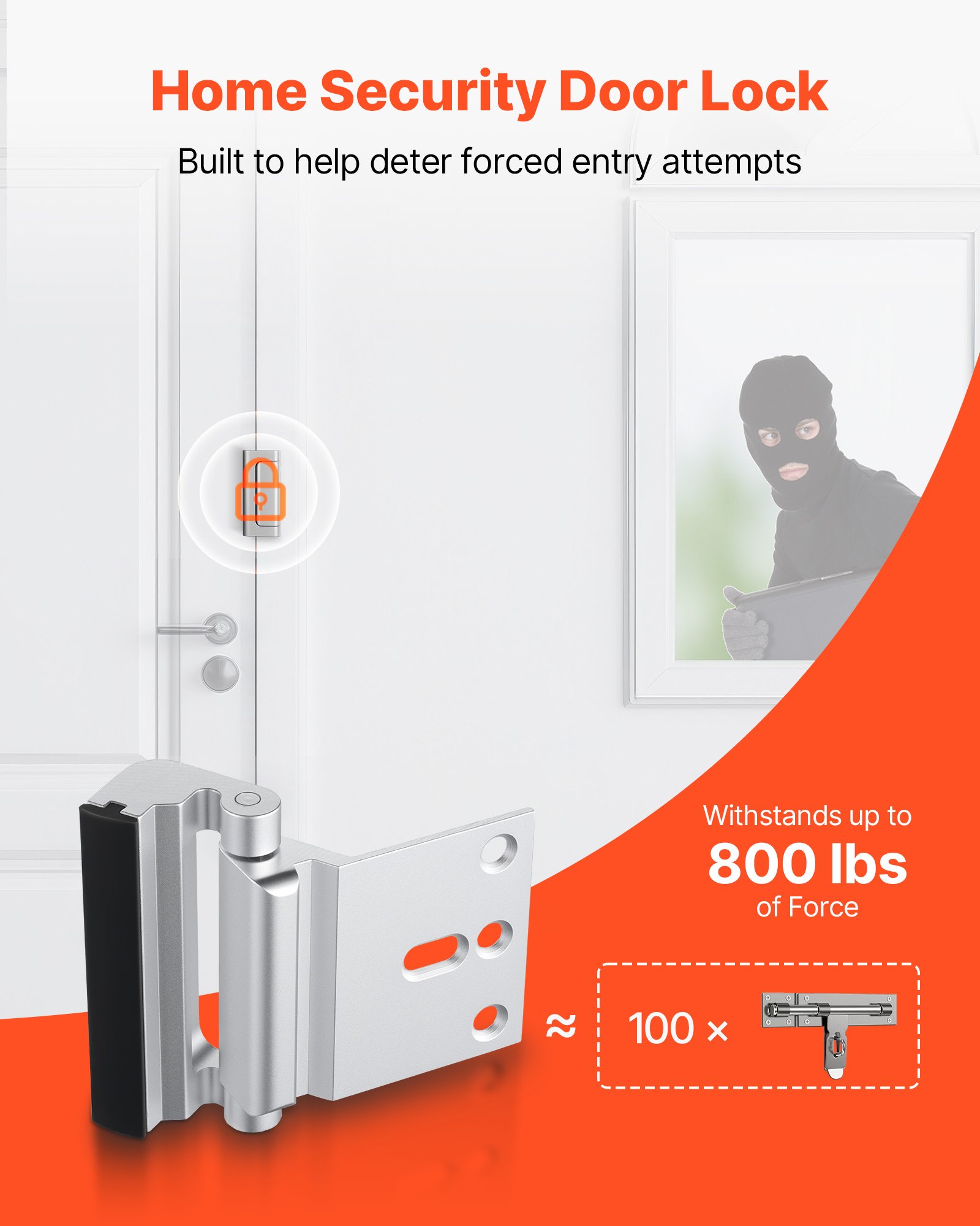 VEVOR Door Reinforcement Lock, 2 Pack Home Security Door Lock, with 3 Inch Stop Withstand 800 lbs of Force, with 8 Screws, for Inward-Opening, Aluminum Alloy, Add Extra High Security to Your Home