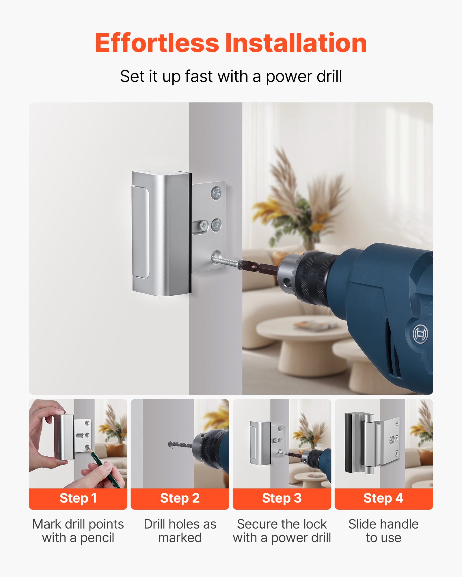 VEVOR Door Reinforcement Lock, 2 Pack Home Security Door Lock, with 3 Inch Stop Withstand 800 lbs of Force, with 8 Screws, for Inward-Opening, Aluminum Alloy, Add Extra High Security to Your Home