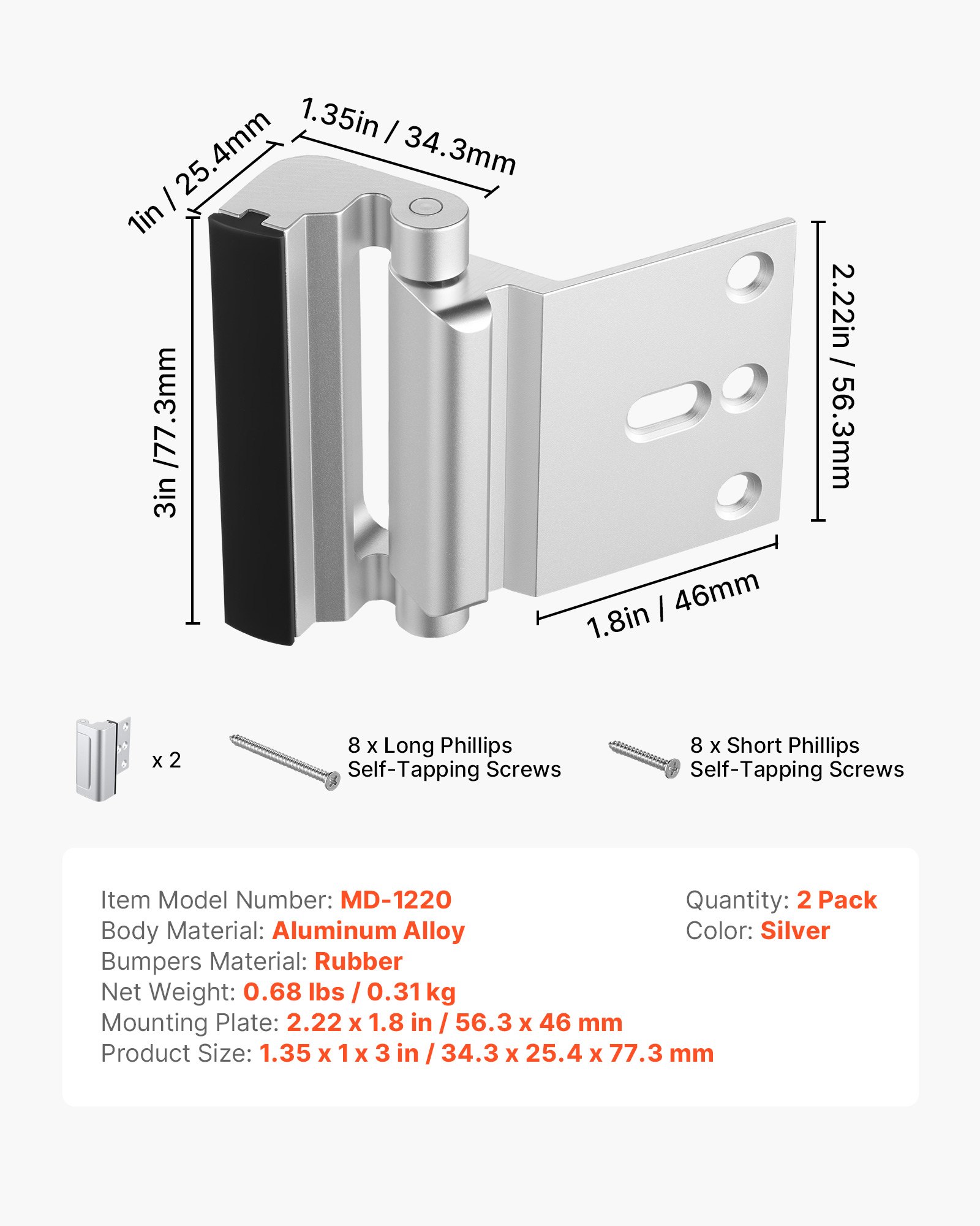 VEVOR Door Reinforcement Lock, 2 Pack Home Security Door Lock, with 3 Inch Stop Withstand 800 lbs of Force, with 8 Screws, for Inward-Opening, Aluminum Alloy, Add Extra High Security to Your Home