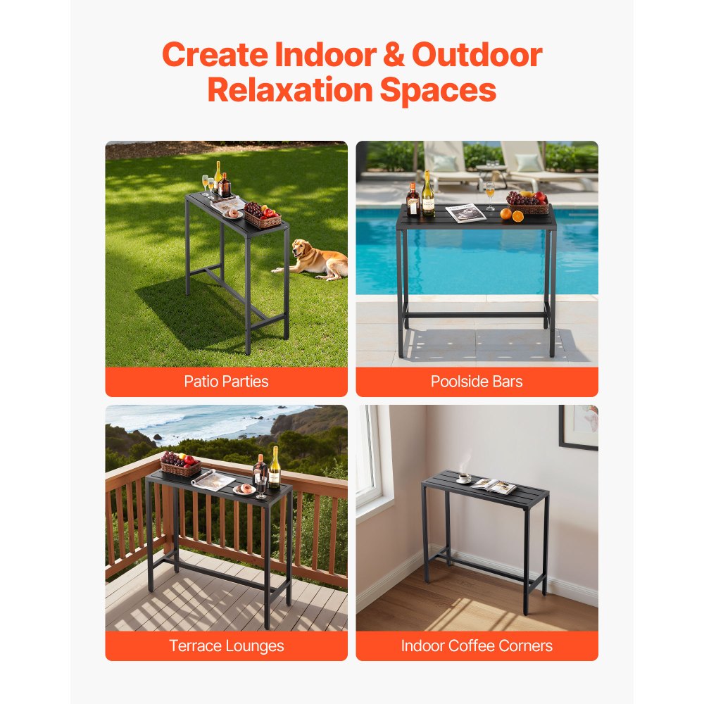 Mesa de bar para exterior VEVOR, 100 x 38 cm, superficie impermeable y estructura de metal resistente, mesa de comedor rectangular de altura de mostrador, muebles de exterior para balcón, patio, jacuzzi, piscina e interior.