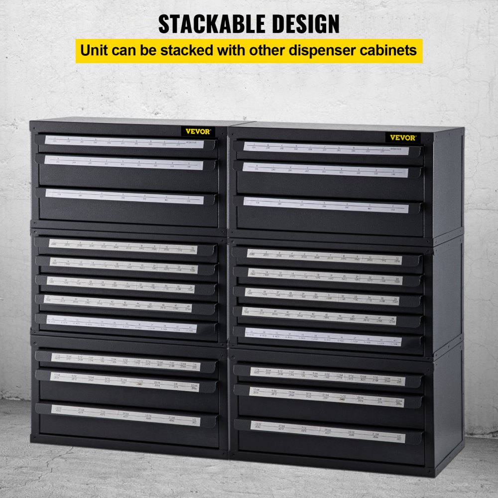 VEVOR Drill Bit Dispenser Cabinet, Three-Drawer Drill Bit Dispenser for 1/16" to 1/2" & Letter Sizes A to Z,  Five-Drawer Drill Bit Organizer for Wire Gauge Sizes #1 to #60, 3 Pieces Drill Cabinet Set