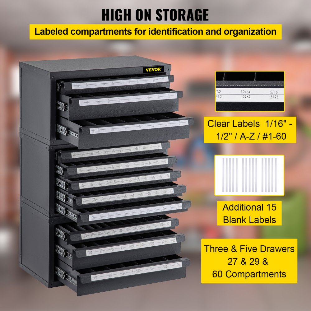 VEVOR Drill Bit Dispenser Cabinet, Three-Drawer Drill Bit Dispenser for 1/16" to 1/2" & Letter Sizes A to Z, Five-Drawer Drill Bit Organizer for Wire Gauge Sizes #1 to #60, 3 Pieces Drill Cabinet Set
