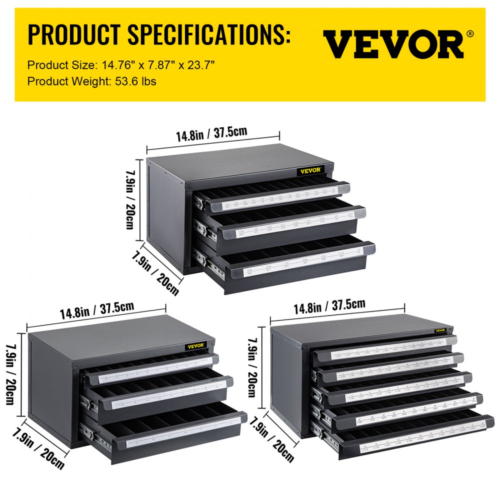 VEVOR Drill Bit Dispenser Cabinet, Three-Drawer Drill Bit Dispenser for 1/16" to 1/2" & Letter Sizes A to Z, Five-Drawer Drill Bit Organizer for Wire Gauge Sizes #1 to #60, 3 Pieces Drill Cabinet Set