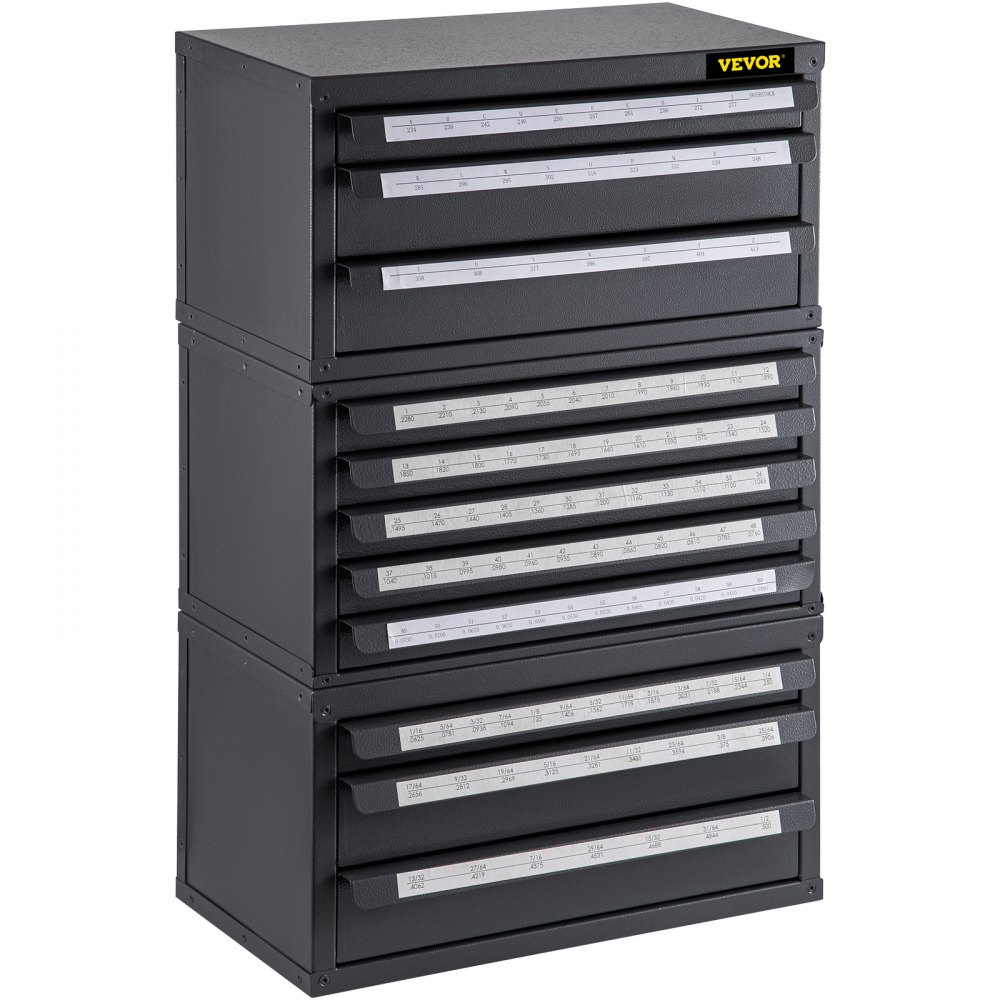 VEVOR Drill Bit Dispenser Cabinet, Three-Drawer Drill Bit Dispenser for 1/16" to 1/2" & Letter Sizes A to Z, Five-Drawer Drill Bit Organizer for Wire Gauge Sizes #1 to #60, 3 Pieces Drill Cabinet Set