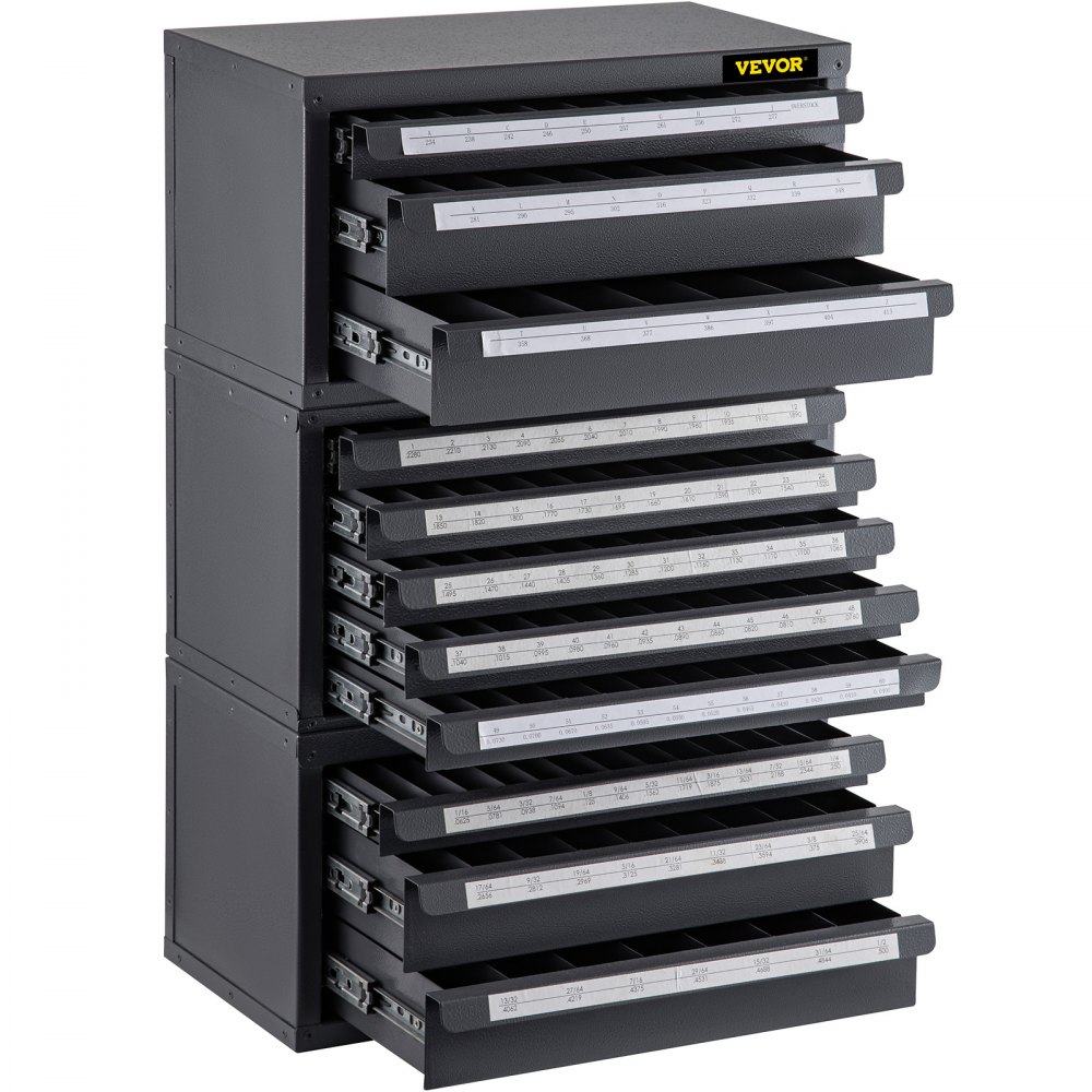 VEVOR Drill Bit Dispenser Cabinet, Three-Drawer Drill Bit Dispenser for 1/16" to 1/2" & Letter Sizes A to Z, Five-Drawer Drill Bit Organizer for Wire Gauge Sizes #1 to #60, 3 Pieces Drill Cabinet Set