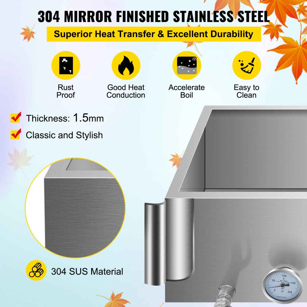 VEVOR Maple Syrup Evaporator Pan 30x16x19 Inch Stainless Steel Maple Syrup Boiling Pan with Valve and Thermometer and Feed Pan for Boiling Maple Syrup