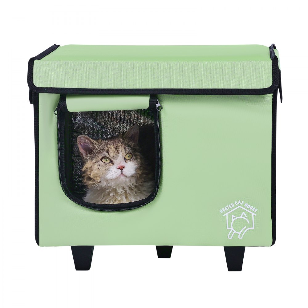 VEVOR Elevated Heated Cat House, Cuboid Kitty Shelter with Adjustable Temperature and Timer, 900D Oxford Cloth Foldable Cat Shelter with Heated Pad  for Winter to Stay Warm and Cozy, Green (Small)