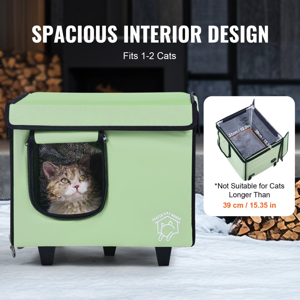 VEVOR Elevated Heated Cat House, Cuboid Kitty Shelter with Adjustable Temperature and Timer, 900D Oxford Cloth Foldable Cat Shelter with Heated Pad  for Winter to Stay Warm and Cozy, Green (Small)
