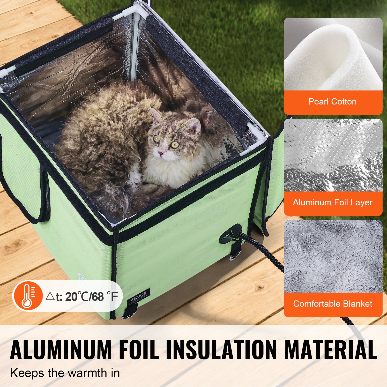 VEVOR Elevated Heated Cat House, Cuboid Kitty Shelter with Adjustable Temperature and Timer, 900D Oxford Cloth Foldable Cat Shelter with Heated Pad  for Winter to Stay Warm and Cozy, Green (Small)