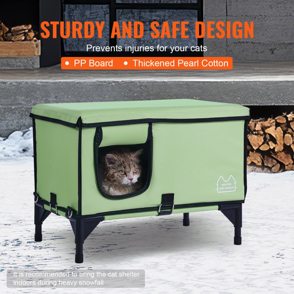VEVOR Elevated Heated Cat House, Cuboid Kitty Shelter with Adjustable Temperature and Timer, 900D Oxford Cloth Foldable Cat Shelter with Heated Pad  for Winter to Stay Warm and Cozy, Green (Middle)