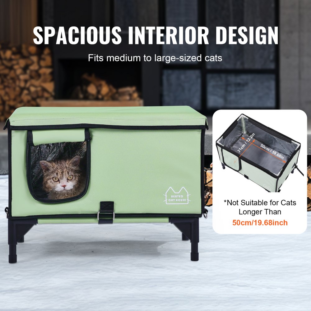 VEVOR Elevated Heated Cat House, Cuboid Kitty Shelter with Adjustable Temperature and Timer, 900D Oxford Cloth Foldable Cat Shelter with Heated Pad  for Winter to Stay Warm and Cozy, Green (Middle)