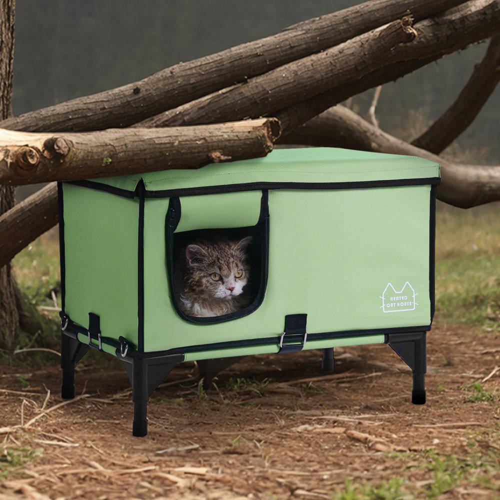VEVOR Elevated Heated Cat House, Cuboid Kitty Shelter with Adjustable Temperature and Timer, 900D Oxford Cloth Foldable Cat Shelter with Heated Pad  for Winter to Stay Warm and Cozy, Green (Middle)