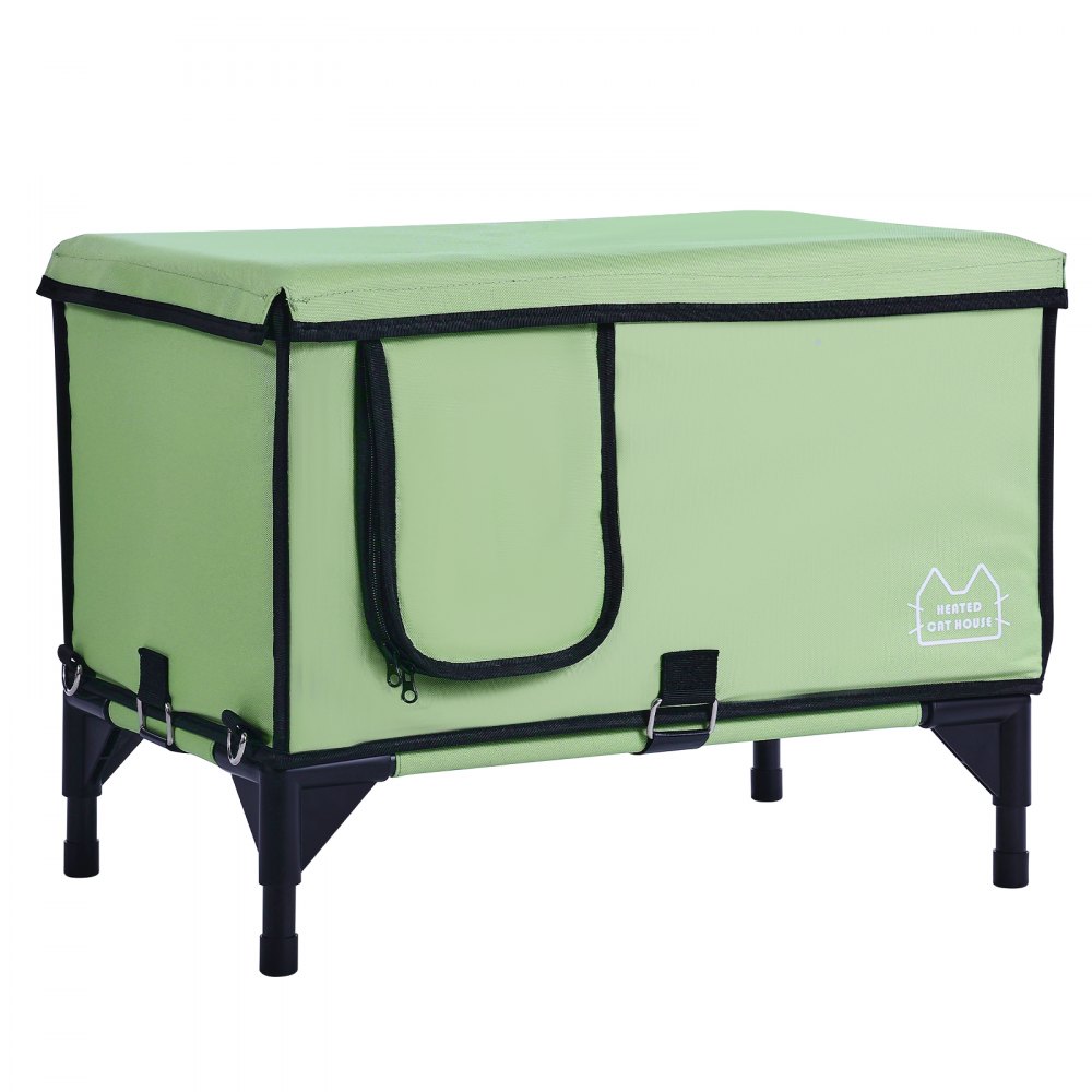 VEVOR Elevated Heated Cat House, Cuboid Kitty Shelter with Adjustable Temperature and Timer, 900D Oxford Cloth Foldable Cat Shelter with Heated Pad  for Winter to Stay Warm and Cozy, Green (Middle)