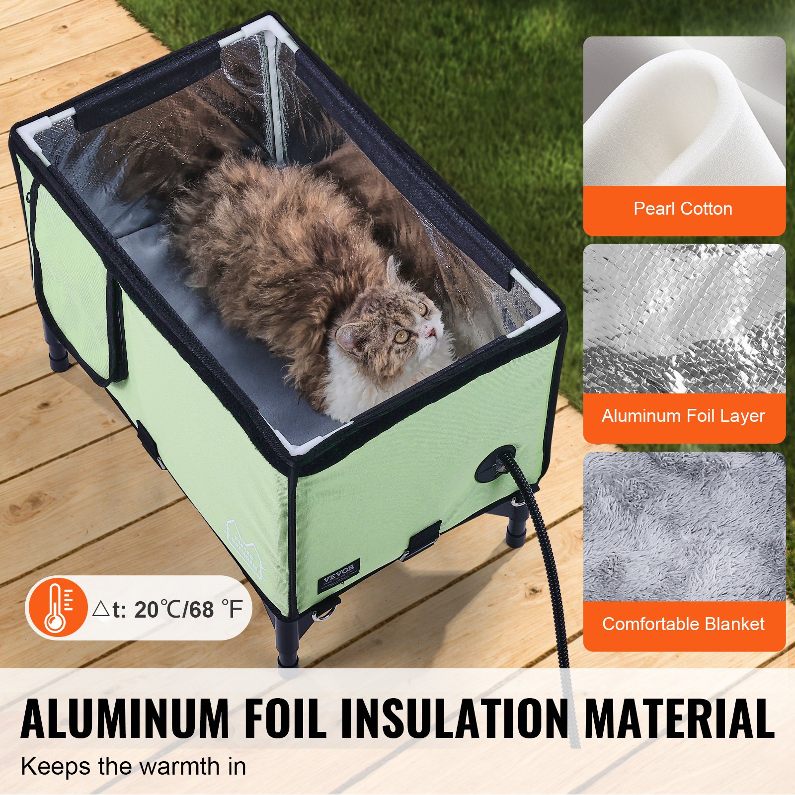 VEVOR Elevated Heated Cat House, Cuboid Kitty Shelter with Adjustable Temperature and Timer, 900D Oxford Cloth Foldable Cat Shelter with Heated Pad  for Winter to Stay Warm and Cozy, Green (Large)
