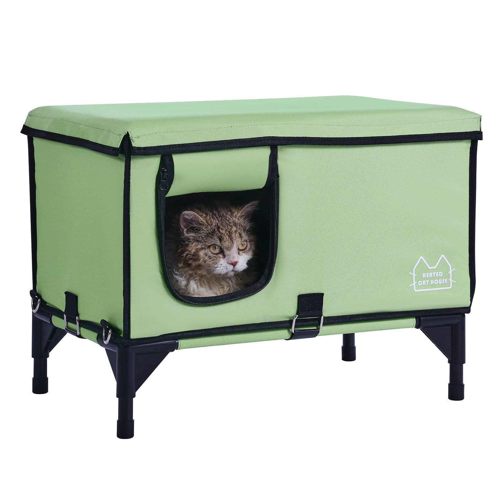 VEVOR Elevated Heated Cat House, Cuboid Kitty Shelter with Adjustable Temperature and Timer, 900D Oxford Cloth Foldable Cat Shelter with Heated Pad  for Winter to Stay Warm and Cozy, Green (Large)
