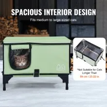 VEVOR Elevated Heated Cat House, Cuboid Kitty Shelter with Adjustable Temperature and Timer, 900D Oxford Cloth Foldable Cat Shelter with Heated Pad  for Winter to Stay Warm and Cozy, Green (Large)