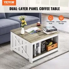 VEVOR 31.5" Farmhouse Coffee Table, Square Coffee Table with Open Storage Compartment, Wooden Rustic Cocktail Table for Living Room, Bedroom, Apartment, Studio, Grey & White