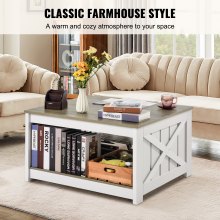 31.5" Farmhouse Coffee Table Square Table with Open Storage Compartment