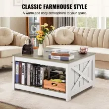 VEVOR 31.5" Farmhouse Coffee Table, Square Coffee Table with Open Storage Compartment, Wooden Rustic Cocktail Table for Living Room, Bedroom, Apartment, Studio, Grey & White
