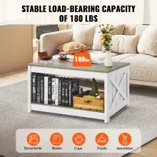 VEVOR 31.5" Farmhouse Coffee Table, Square Coffee Table with Open Storage Compartment, Wooden Rustic Cocktail Table for Living Room, Bedroom, Apartment, Studio, Grey & White