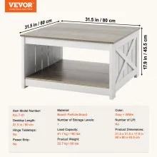 VEVOR 31.5" Farmhouse Coffee Table, Square Coffee Table with Open Storage Compartment, Wooden Rustic Cocktail Table for Living Room, Bedroom, Apartment, Studio, Grey & White