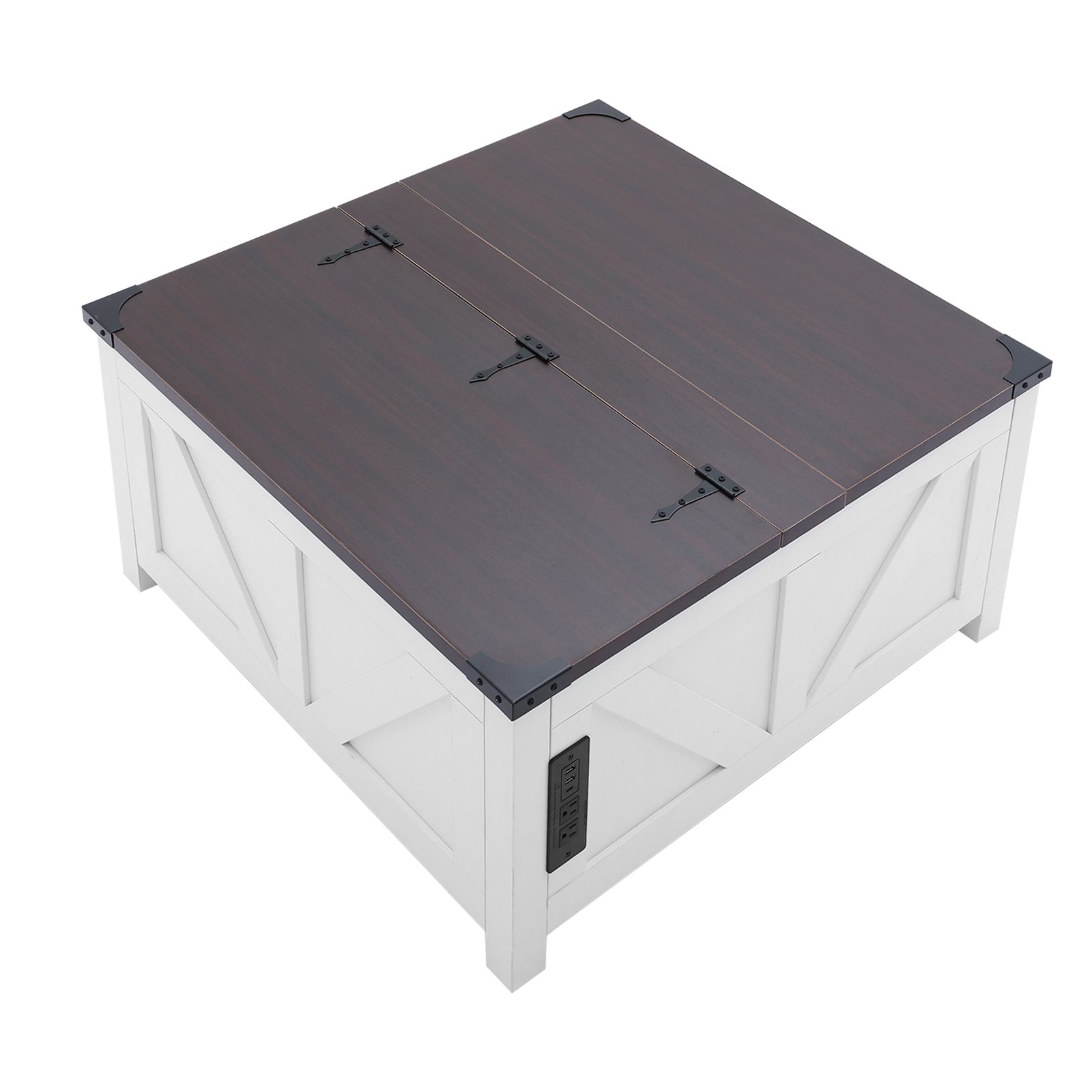 VEVOR 36" Farmhouse Coffee Table, Hinged Lift Top Square Coffee Table with Built-in Power Strip, Wooden Rustic Cocktail Table for Living Room, Bedroom, Apartment, Studio, Brown & White