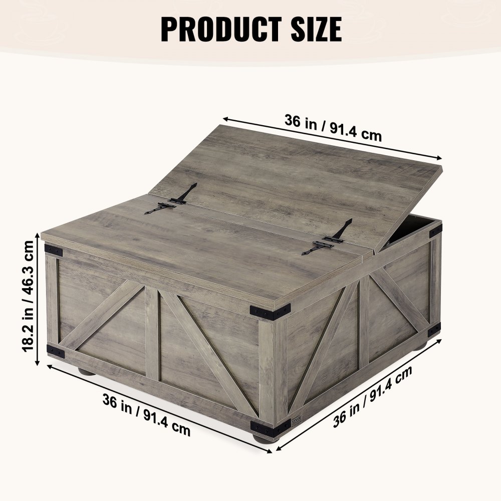 VEVOR 36" Farmhouse Coffee Table, Hinged Square Coffee Table with Large Storage Compartment, Wooden Rustic Cocktail Table for Living Room, Bedroom, Apartment, Studio, Beige