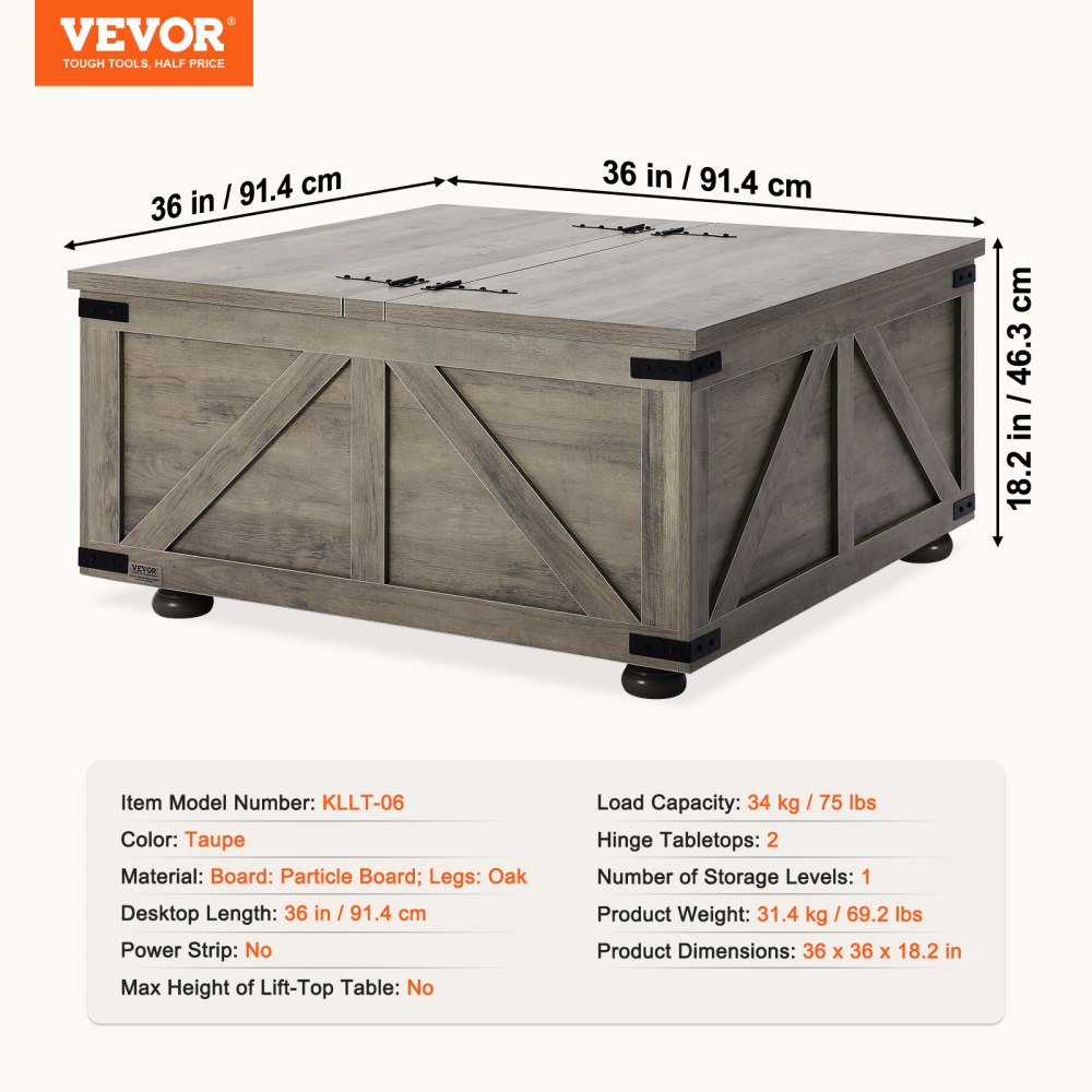 VEVOR 36" Farmhouse Coffee Table, Hinged Square Coffee Table with Large Storage Compartment, Wooden Rustic Cocktail Table for Living Room, Bedroom, Apartment, Studio, Beige
