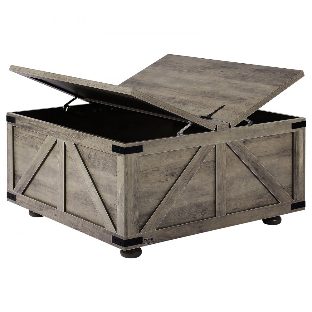 VEVOR 36" Farmhouse Coffee Table, Hinged Square Coffee Table with Large Storage Compartment, Wooden Rustic Cocktail Table for Living Room, Bedroom, Apartment, Studio, Beige