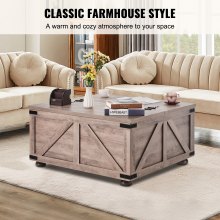 VEVOR 36" Farmhouse Coffee Table Hinged Square Table with Storage Beige