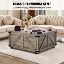 VEVOR Farmhouse Coffee Table, 36 Inch Hinged Square Coffee Table with Large Storage Compartment, Wooden Rustic Cocktail Table for Living Room, Bedroom, Apartment, Studio, Beige