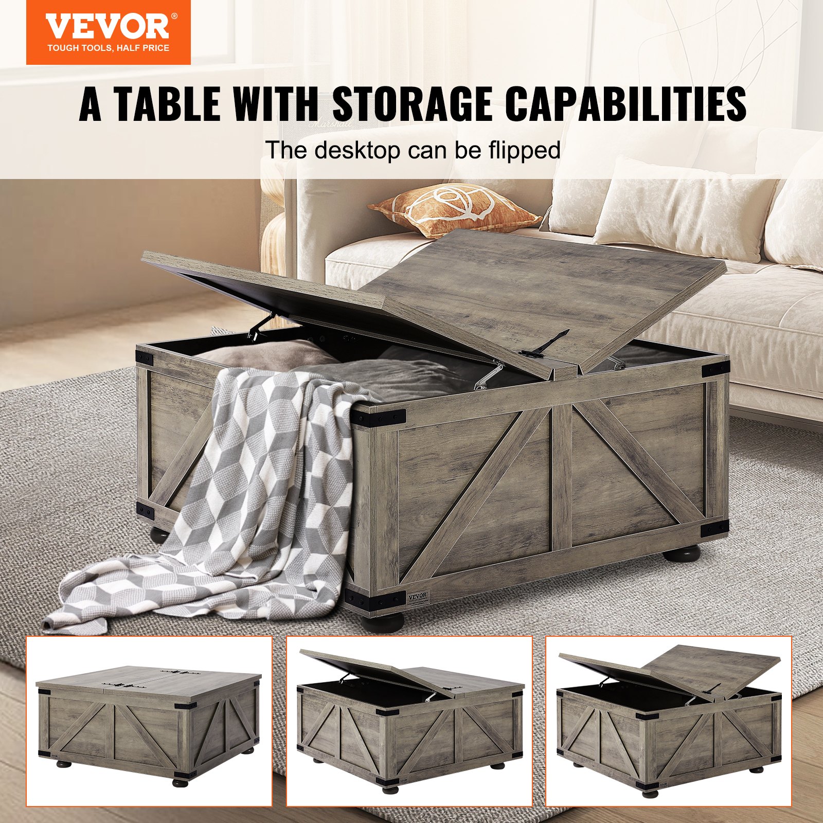 VEVOR 36" Farmhouse Coffee Table, Hinged Square Coffee Table with Large Storage Compartment, Wooden Rustic Cocktail Table for Living Room, Bedroom, Apartment, Studio, Beige