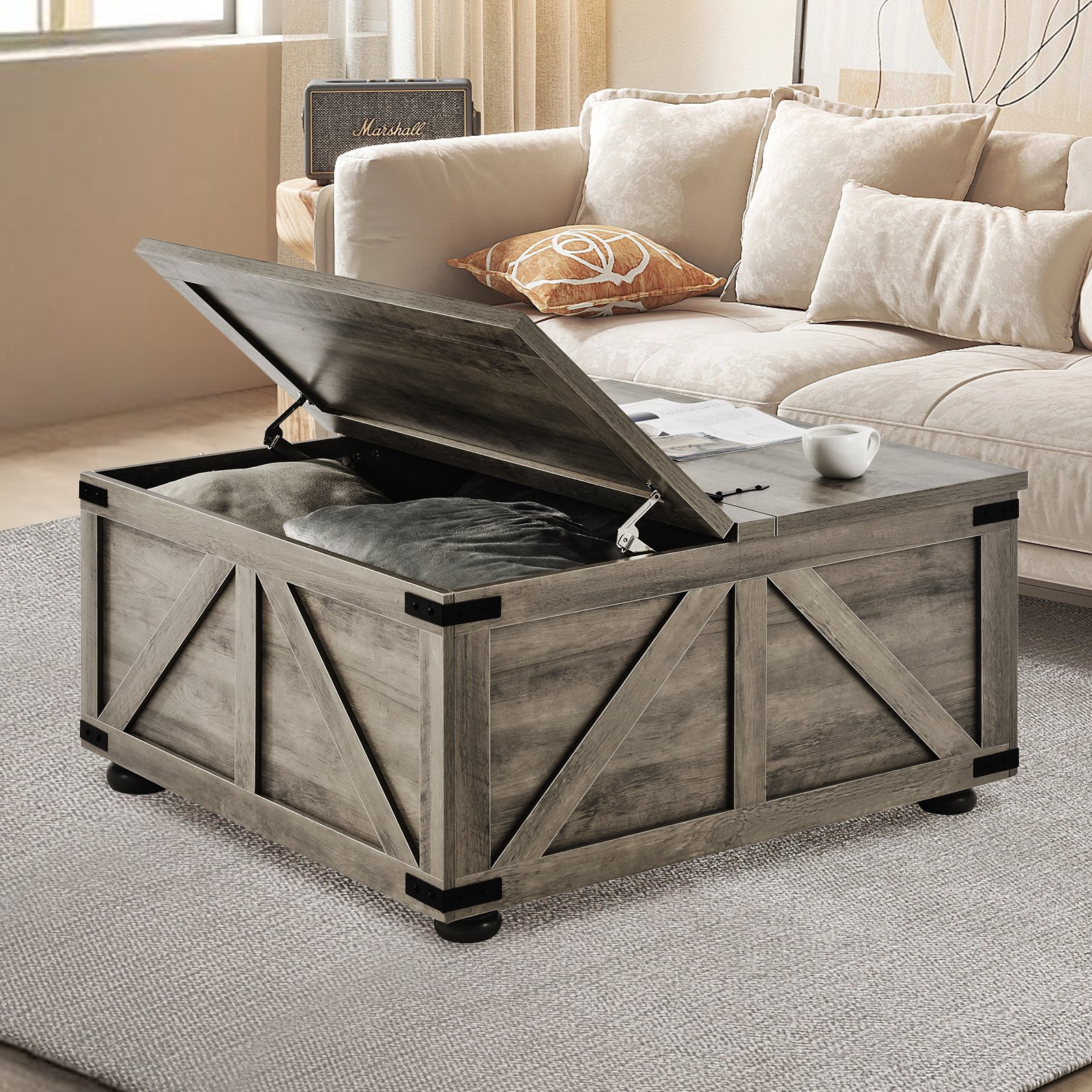 VEVOR 36" Farmhouse Coffee Table, Hinged Square Coffee Table with Large Storage Compartment, Wooden Rustic Cocktail Table for Living Room, Bedroom, Apartment, Studio, Beige