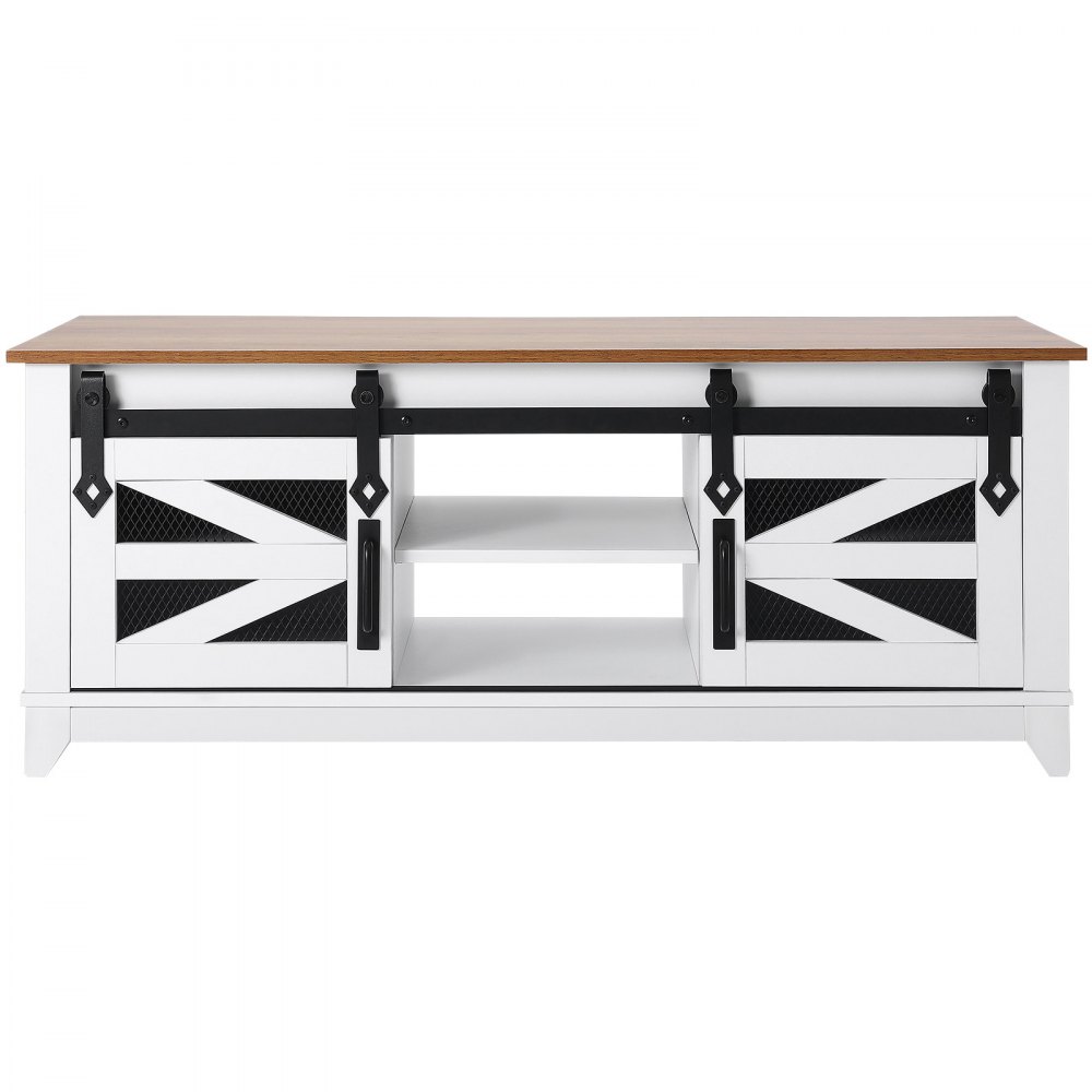 VEVOR 48" Farmhouse Coffee Table, Rectangle Coffee Table with 2 Sliding Barn Doors, 2 Tiers Wooden Rustic Table with Removable Shelves for Living Room, Bedroom, Apartment, or Studio, White & Natural