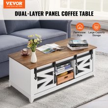 VEVOR 48" Farmhouse Coffee Table, Rectangle Coffee Table with 2 Sliding Barn Doors, 2 Tiers Wooden Rustic Table with Removable Shelves for Living Room, Bedroom, Apartment, or Studio, White & Natural