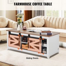 VEVOR 48" Farmhouse Coffee Table, Rectangle Coffee Table with 2 Sliding Barn Doors, 2 Tiers Wooden Rustic Table with Removable Shelves for Living Room, Bedroom, Apartment, or Studio, White & Natural