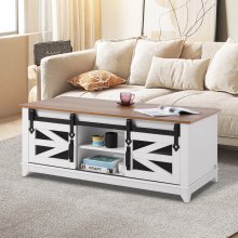 VEVOR 48" Farmhouse Coffee Table, Rectangle Coffee Table with 2 Sliding Barn Doors, 2 Tiers Wooden Rustic Table with Removable Shelves for Living Room, Bedroom, Apartment, or Studio, White & Natural