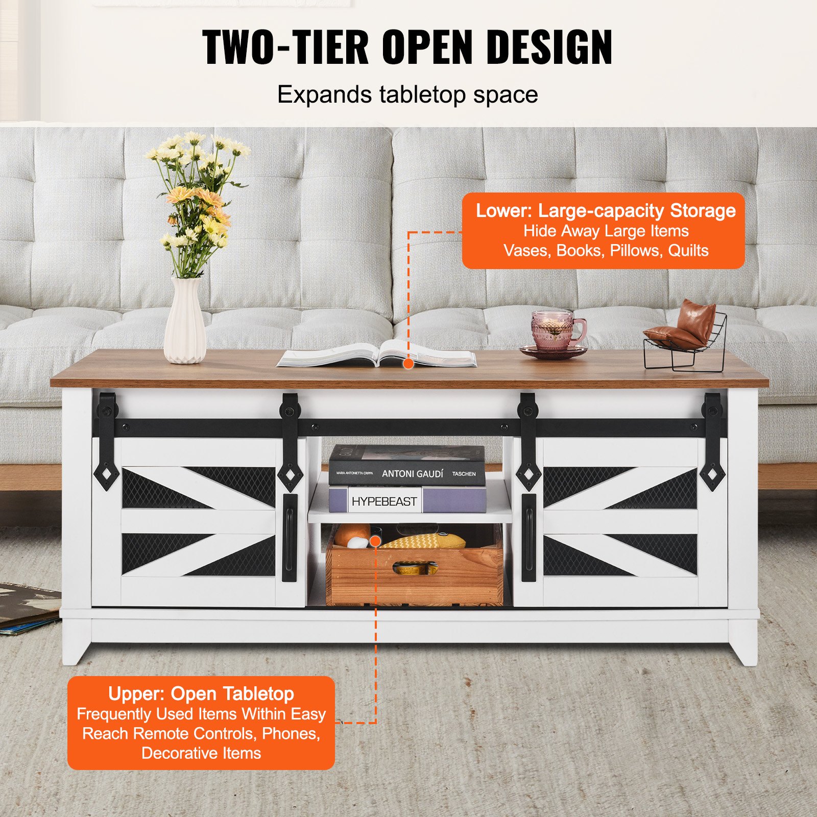VEVOR 48" Farmhouse Coffee Table, Rectangle Coffee Table with 2 Sliding Barn Doors, 2 Tiers Wooden Rustic Table with Removable Shelves for Living Room, Bedroom, Apartment, or Studio, White & Natural