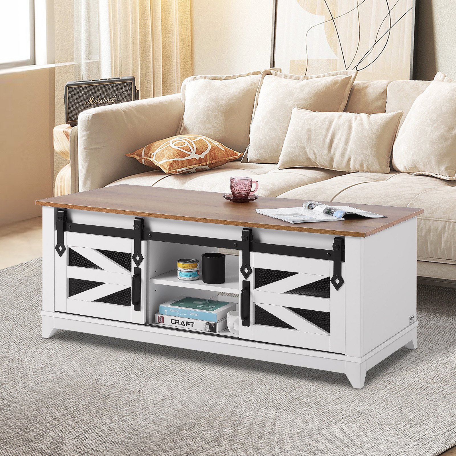 VEVOR 48" Farmhouse Coffee Table, Rectangle Coffee Table with 2 Sliding Barn Doors, 2 Tiers Wooden Rustic Table with Removable Shelves for Living Room, Bedroom, Apartment, or Studio, White & Natural