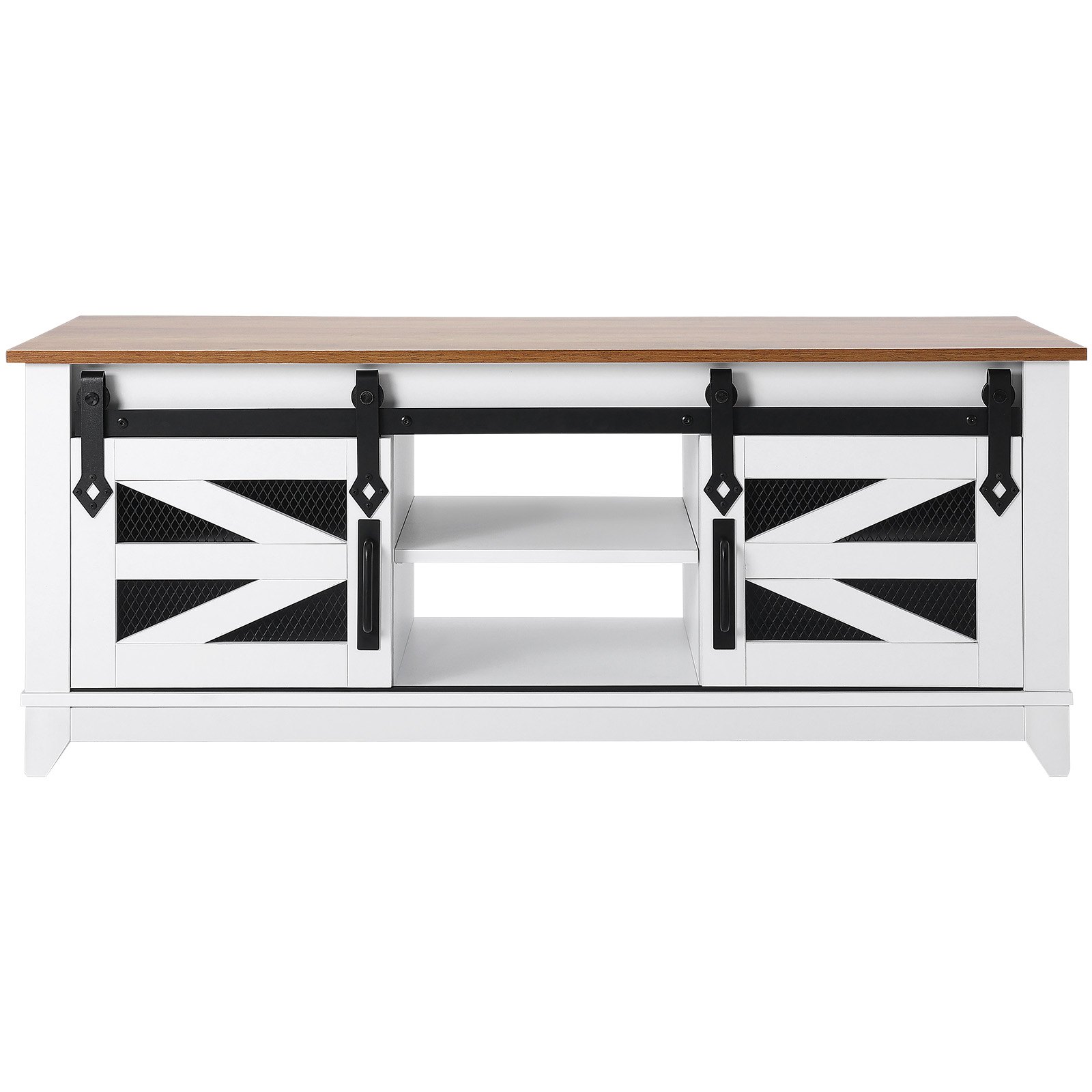 VEVOR 48" Farmhouse Coffee Table, Rectangle Coffee Table with 2 Sliding Barn Doors, 2 Tiers Wooden Rustic Table with Removable Shelves for Living Room, Bedroom, Apartment, or Studio, White & Natural